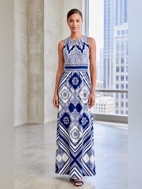 Coastal Mediterranean Scarf Print Halter Maxi‎ Dress Blue White Size 6